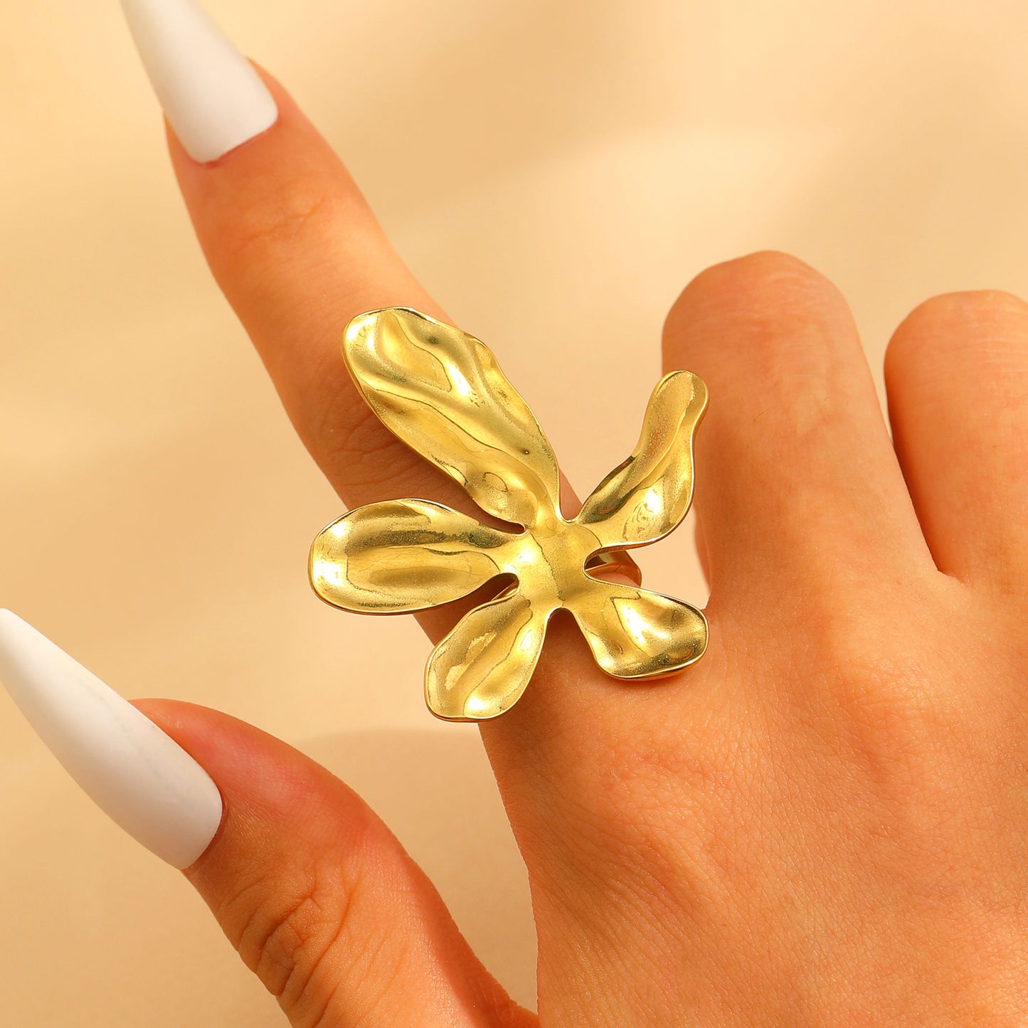 Steel Flower Leaf Female Exaggerated Personalized Hollow Ring