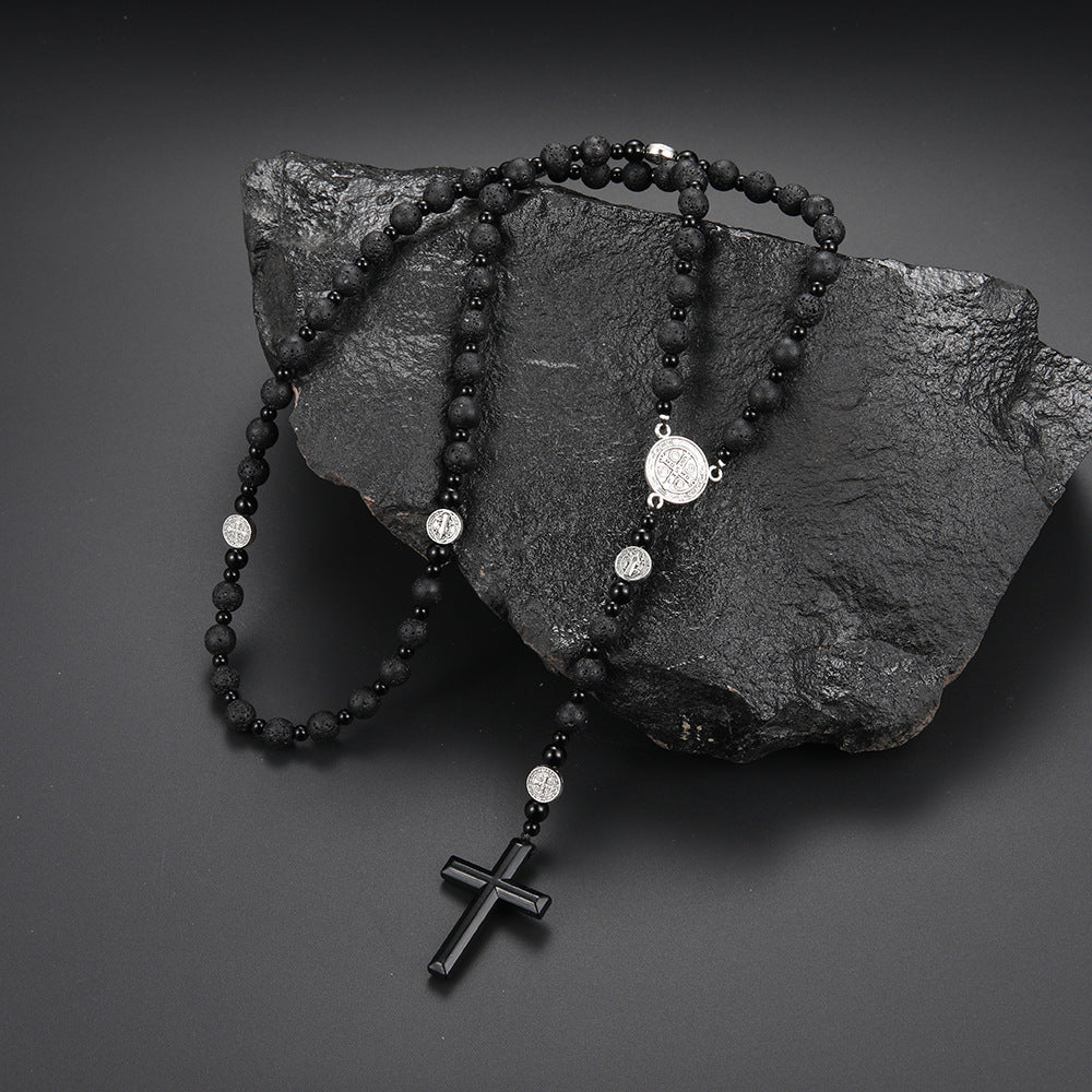 Men's Black Volcanic Rock Haematite Alloy Benedict Religious Necklaces