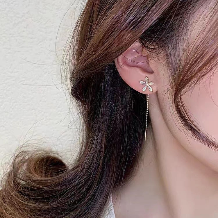 Women's Unique Crystal Flowers Long Fringe High-grade Temperament Ear Chain Red Stud Earrings