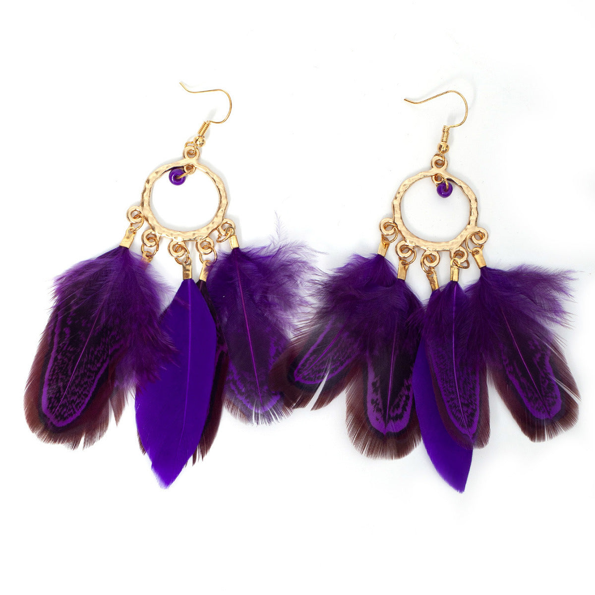 Personality Round Bead Feather Tassel Long Bohemian Earrings
