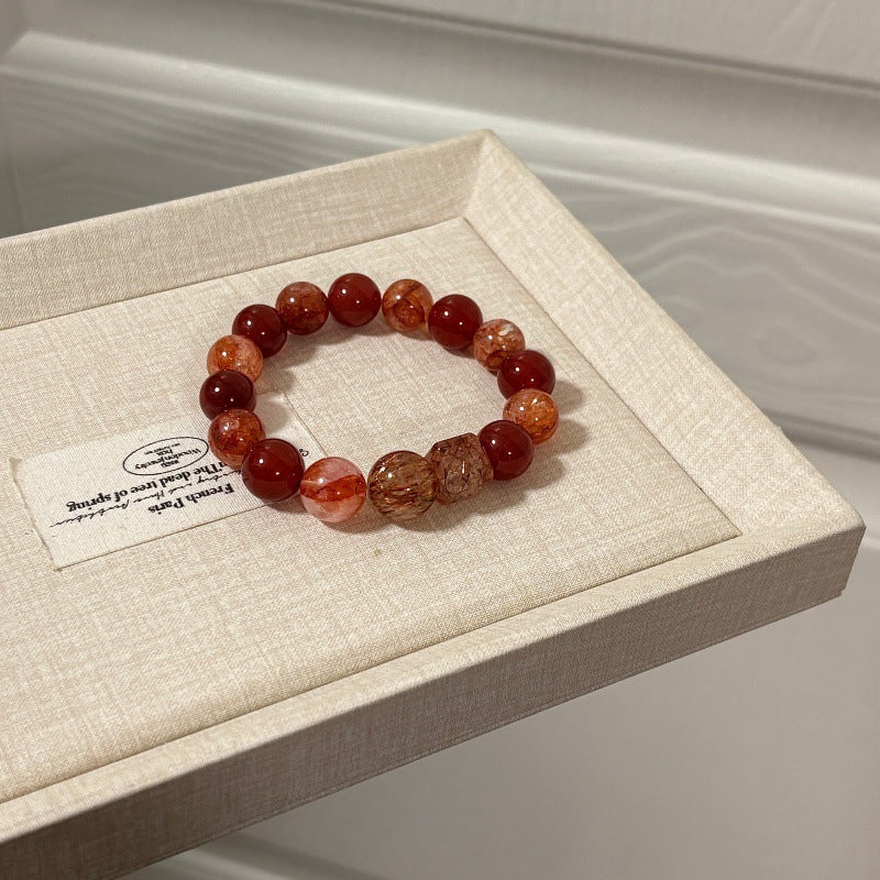 Women's Golden Autumn Natural Red Sealant Flower Agate Square Sugar Bracelet