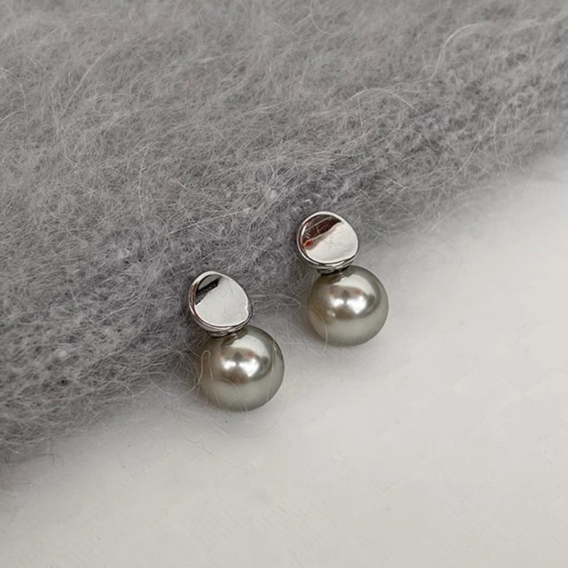 Women's French Sweet Gray White Round Pearl Earrings