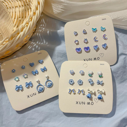 Women's Blue Color Earings Set White Sier Pin Earrings