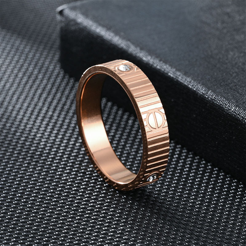 Fashion Stainless Steel Striped Three Diamond Personality Simple Ring