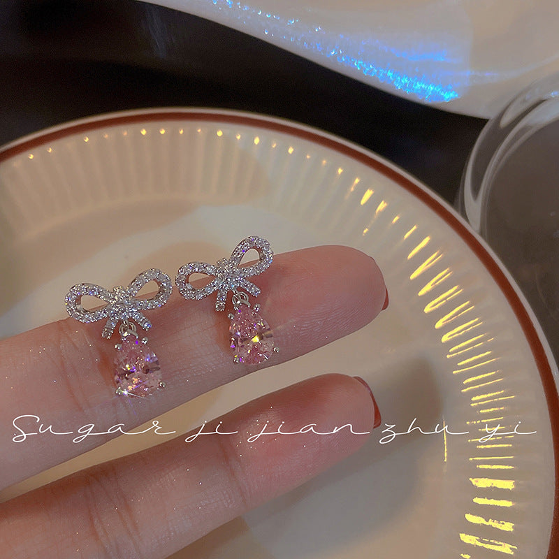 Women's Pink Zircon Bow Simple Design Super Shiny Earrings