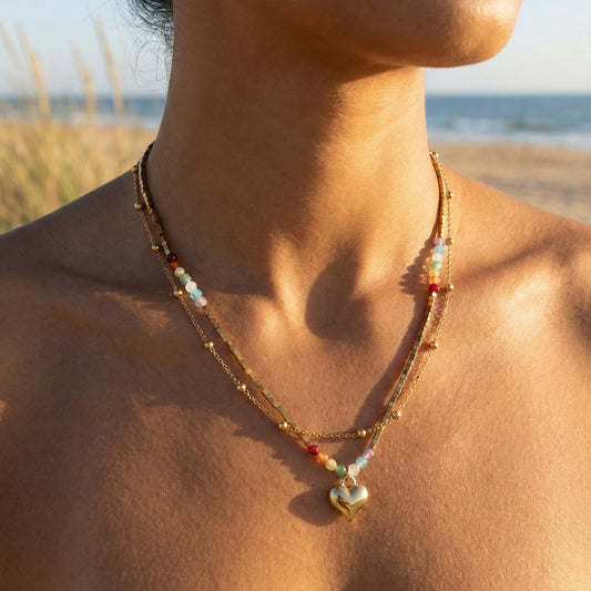 Beaded Double Layer Twin Vacation Style Metal Chain Love Necklaces