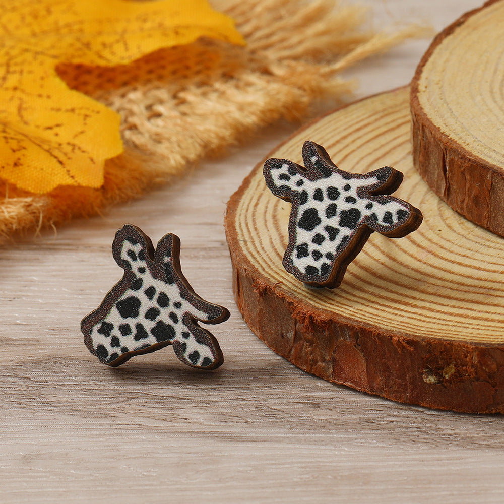 Head Wooden Simple Fashion Personality Cows Pattern Hat Leopard Earrings
