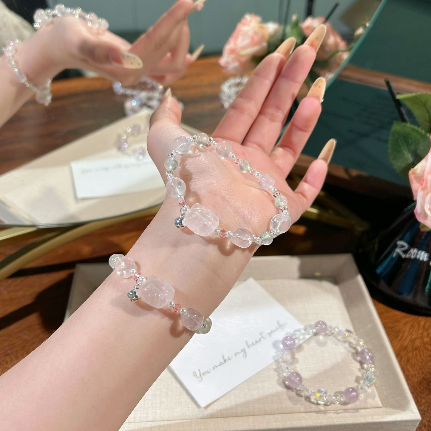 Natural Moonstone Pink Crystal Diamond In The Debris Atmosphere Summer Bracelets