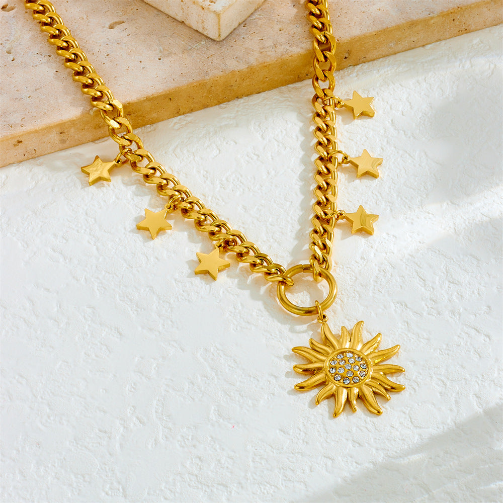Gold Plated Sun Cross Goddess Eight Awn Star Curb Stainless Necklaces