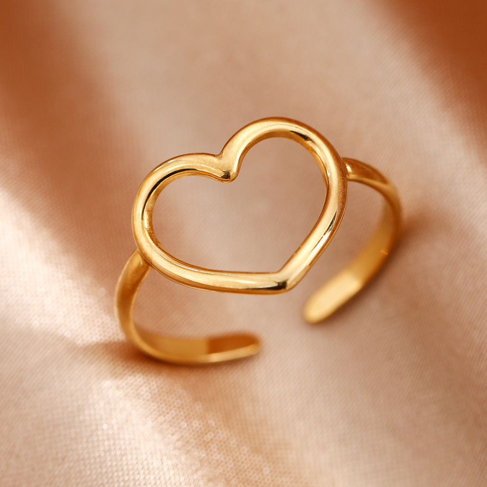 Women's Stainless Steel Heart-shaped Open Vintage Popular Geometric Adjustable Ring