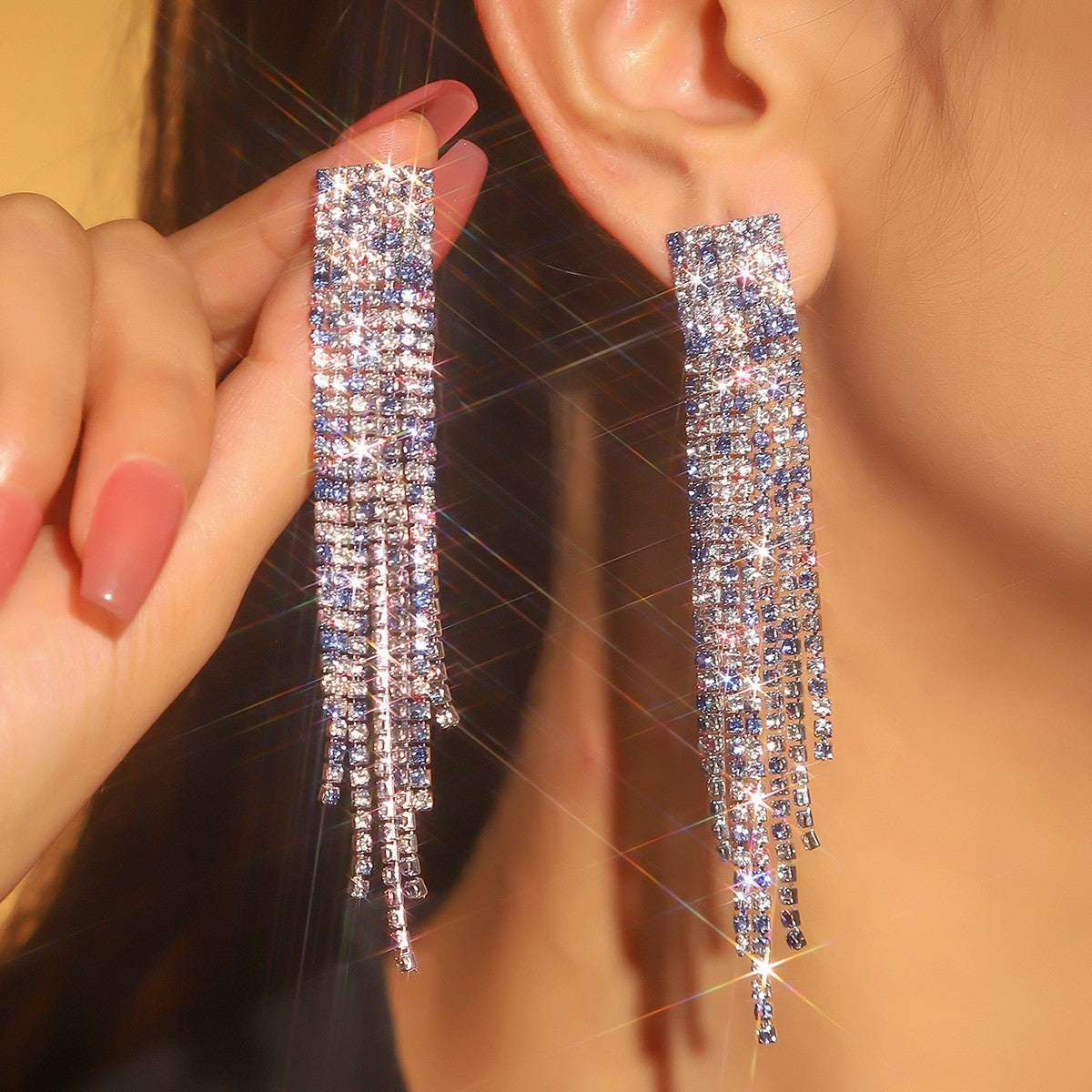 Women's Shiny Full Diamond Long Fringe High Earrings