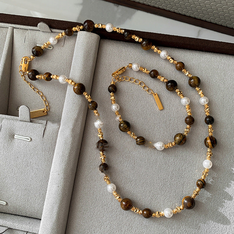 Gold Plated Vintage Tigereye Pearl Niche Necklaces