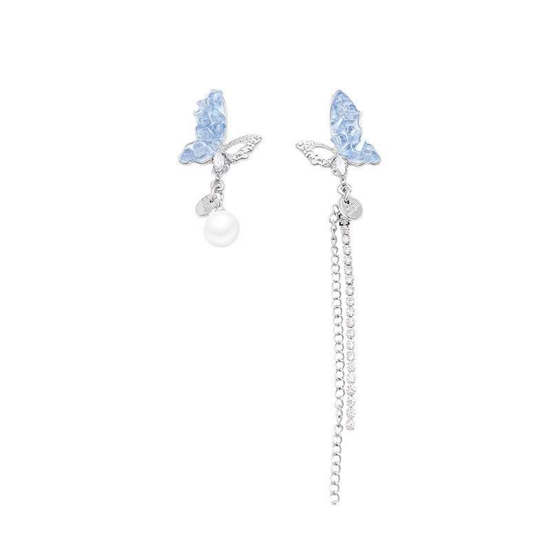Tassel Asymmetric Butterfly Blue Diamond In The Debris Earrings
