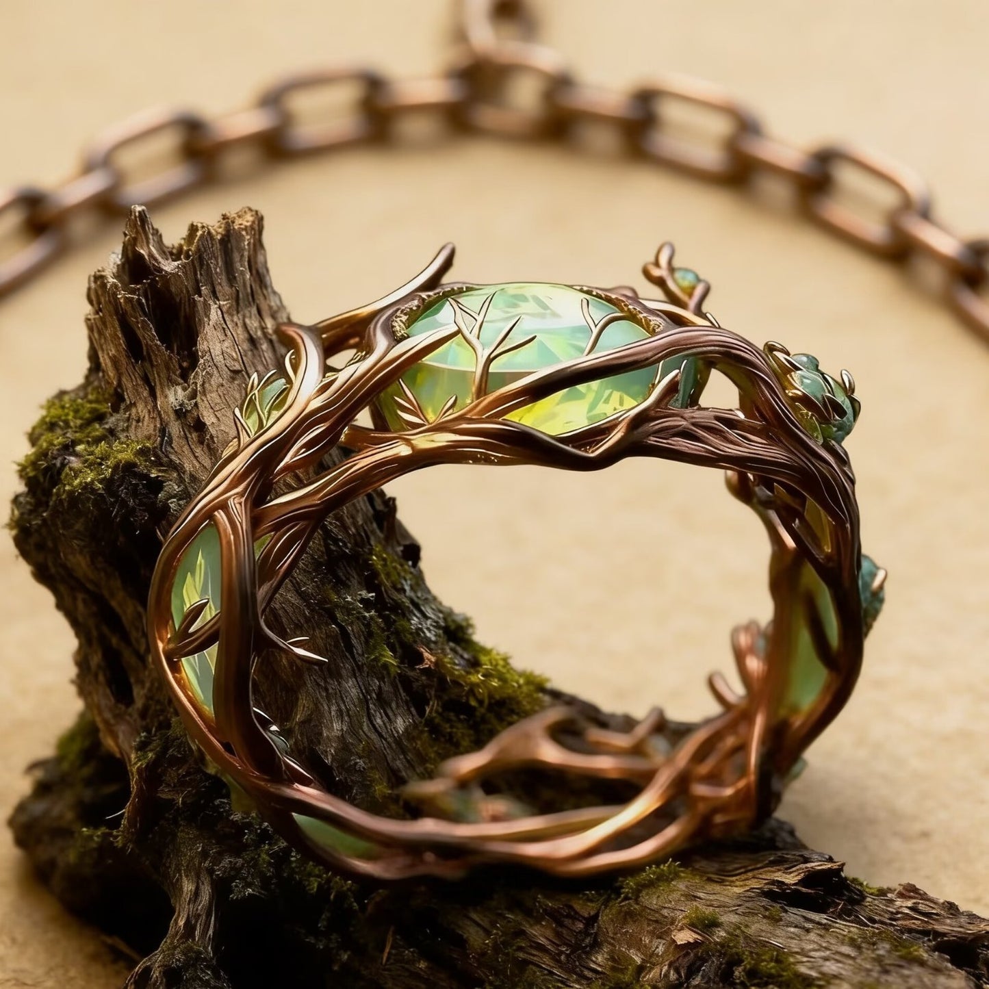 Craft Retro Personality Oval Jade Inlaid Malachite Branches Rings