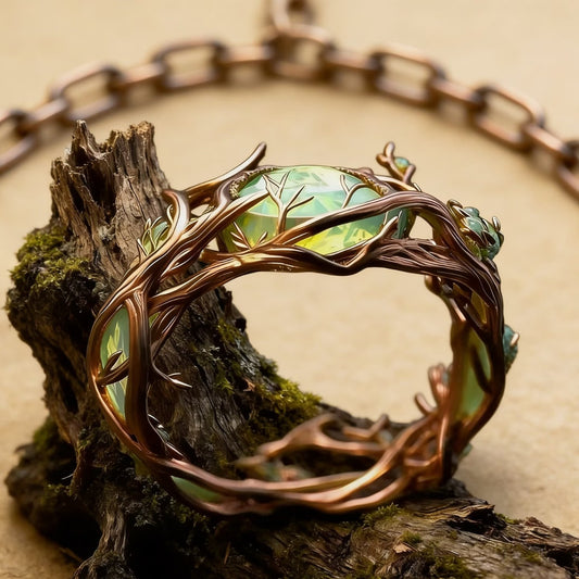 Craft Retro Personality Oval Jade Inlaid Malachite Branches Rings