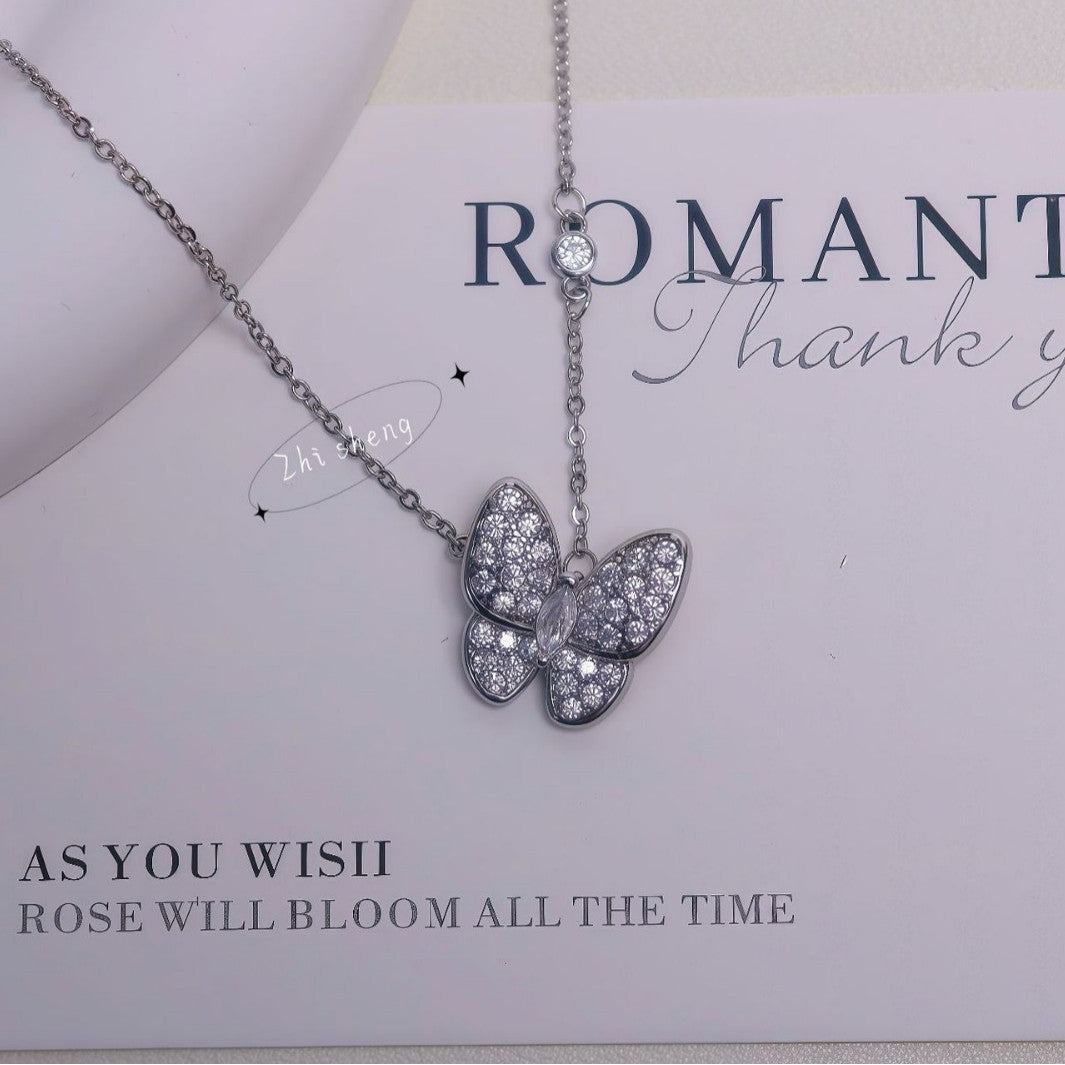White Mother Shell Full Diamond Butterfly Light Luxury Sense Necklace