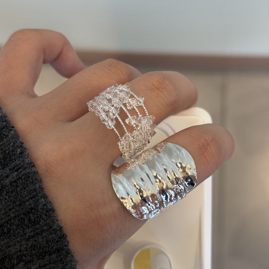 Sier Plating Texture Irregular Wide Surface Fashion Personalized Crystal Index Ring