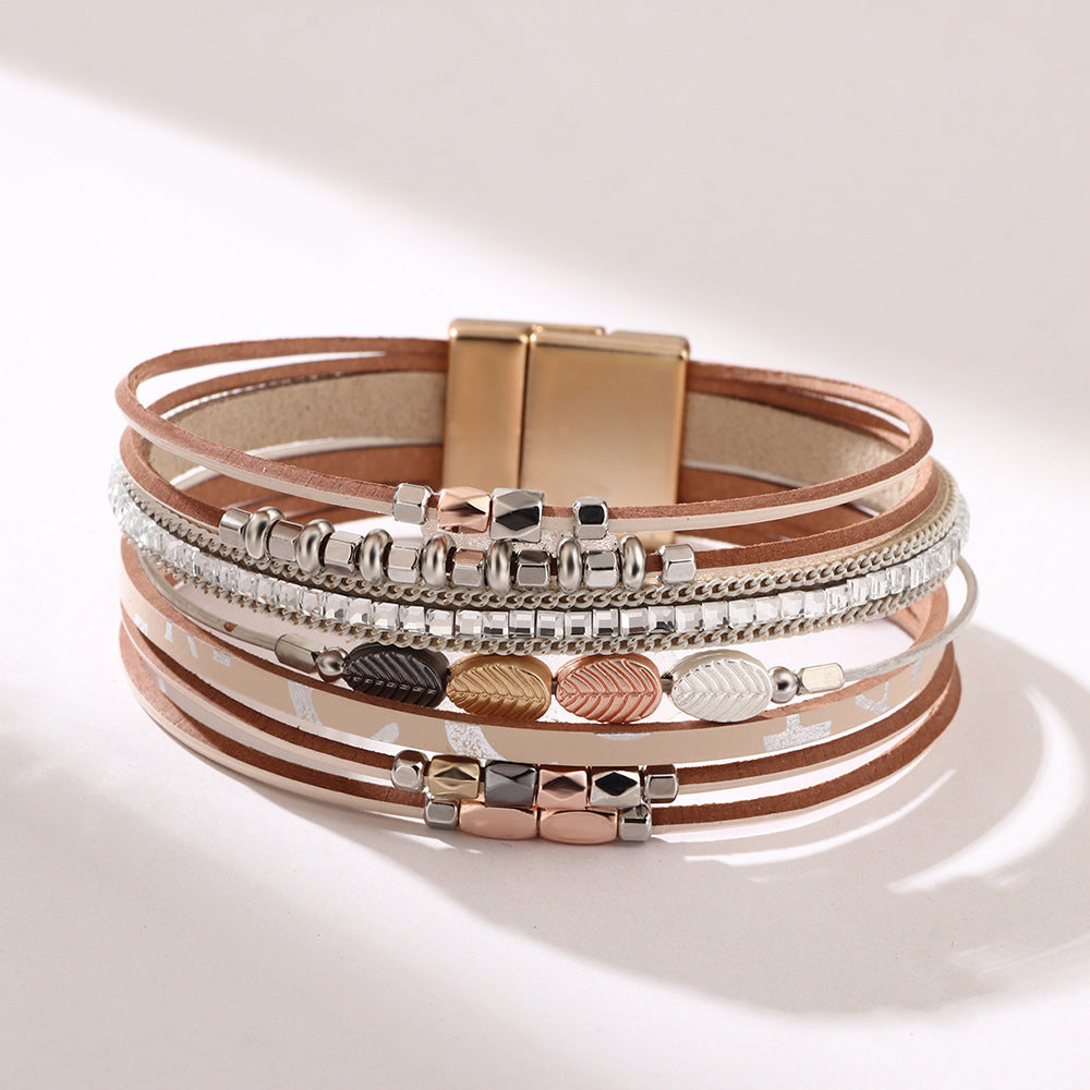 Women's Bohemian Wrist Leather Woven Leaf Shaped Ethnic Style Magnetic Snap Bracelets