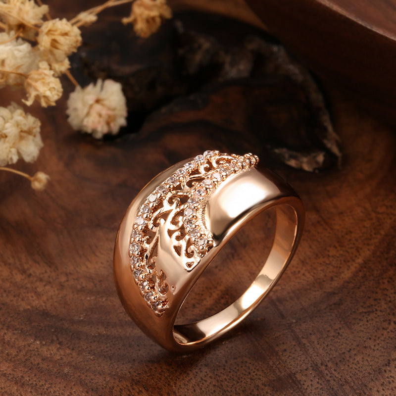 Korean Style Popular Copper Gold-plated Zircon Fashionable Elegant Glossy Carved Rings