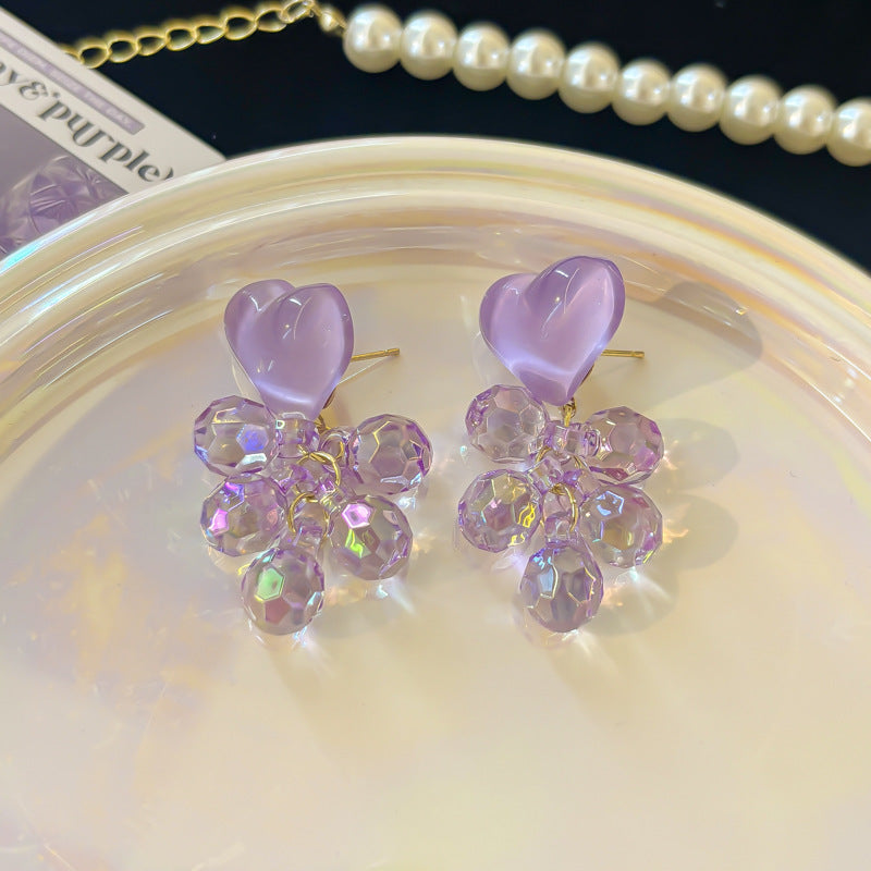 Women's Purple Heart Crystal Flowers Eardrops Beautiful Vacation Stud Earrings