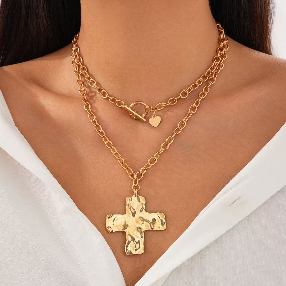 Simple Punk Metal Cross Female Button Chain Necklaces
