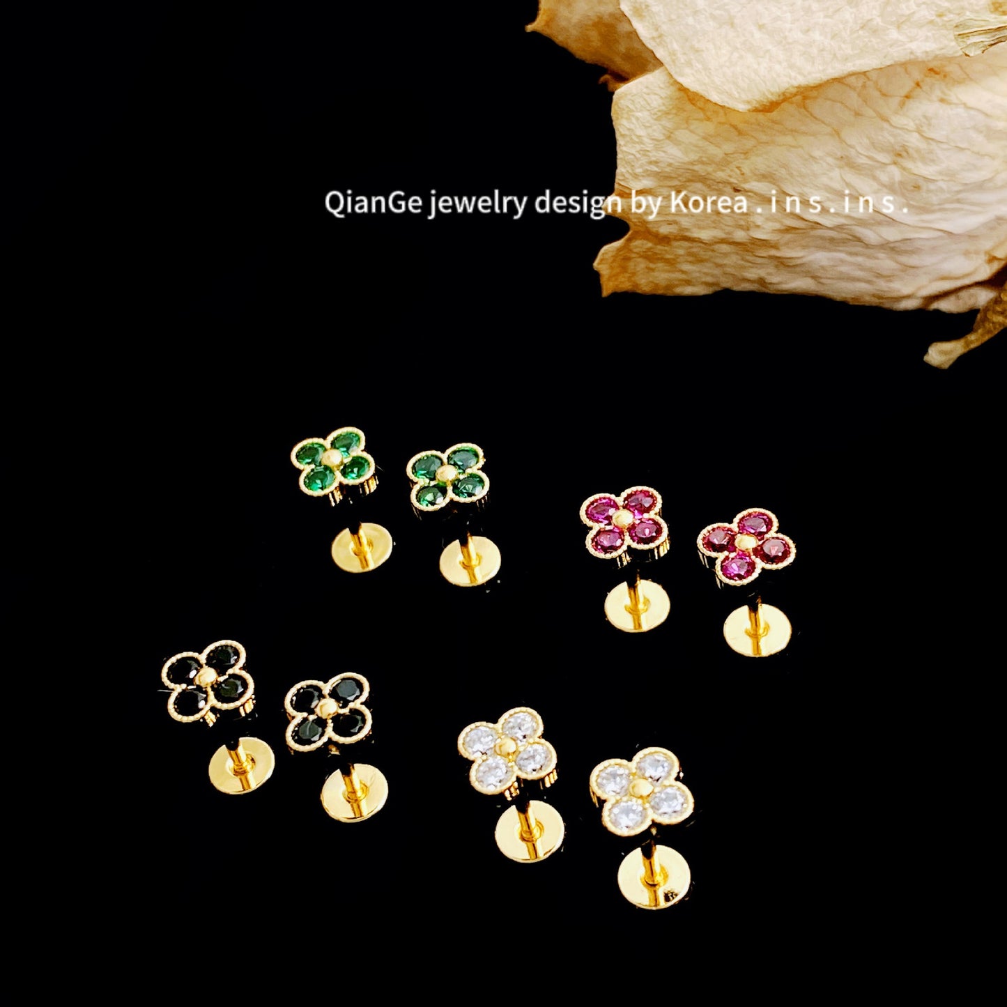 Zircon Clover Titanium Steel Screw Ear Earrings