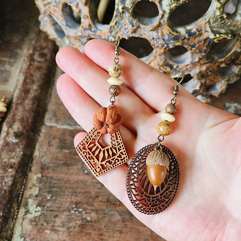 Style Retro Minority Mori Bohemian Indian Wandering Hollow Wood Grain Earrings