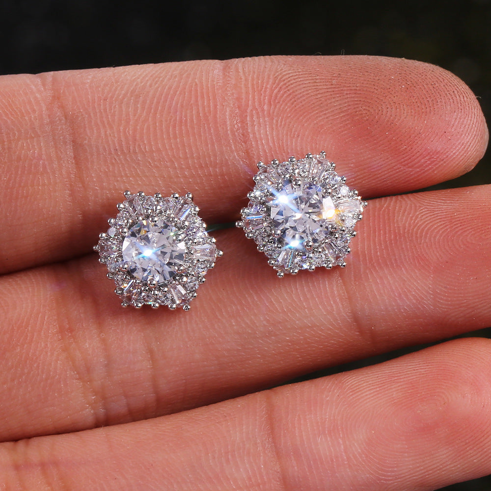 Women's Crystal White Zircon Hexagonal Retro Double Stud Earrings