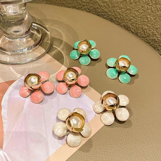 Fairy Dripping Oil Camellia Colored Glaze Pearl Fresh Sweet Special Earrings