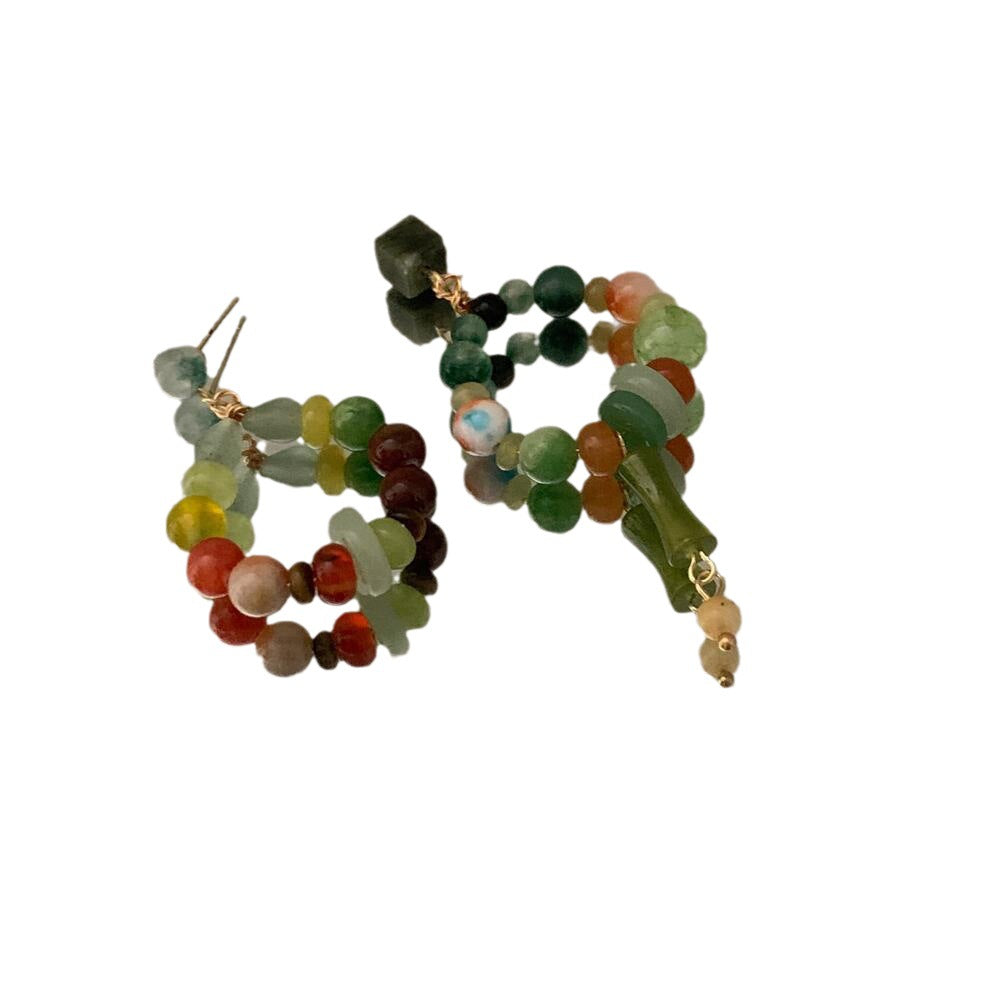Chinese Style Natural Stone Beaded Asymmetric Mori Artistic Retro Earrings