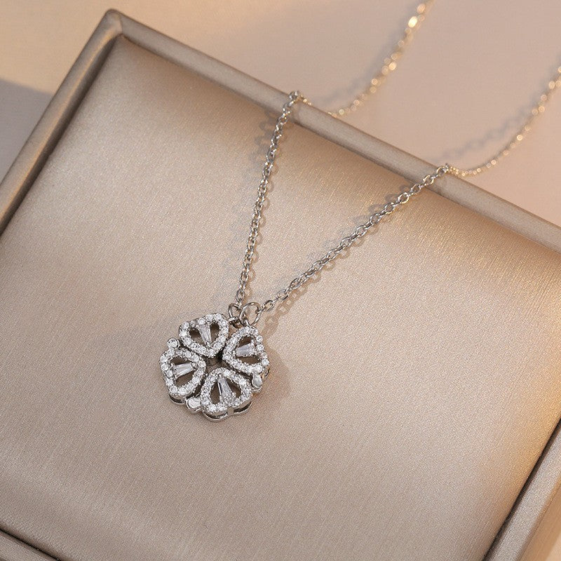 Women's Steel Cross Chain Open Close Four-leaf Flower Necklace
