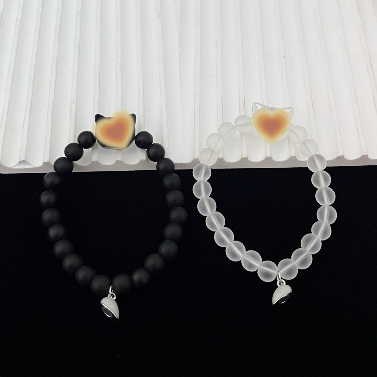 Black Frosted Micro Glass Bead Beaded Luminous Love Magnetic Buckle Bracelet