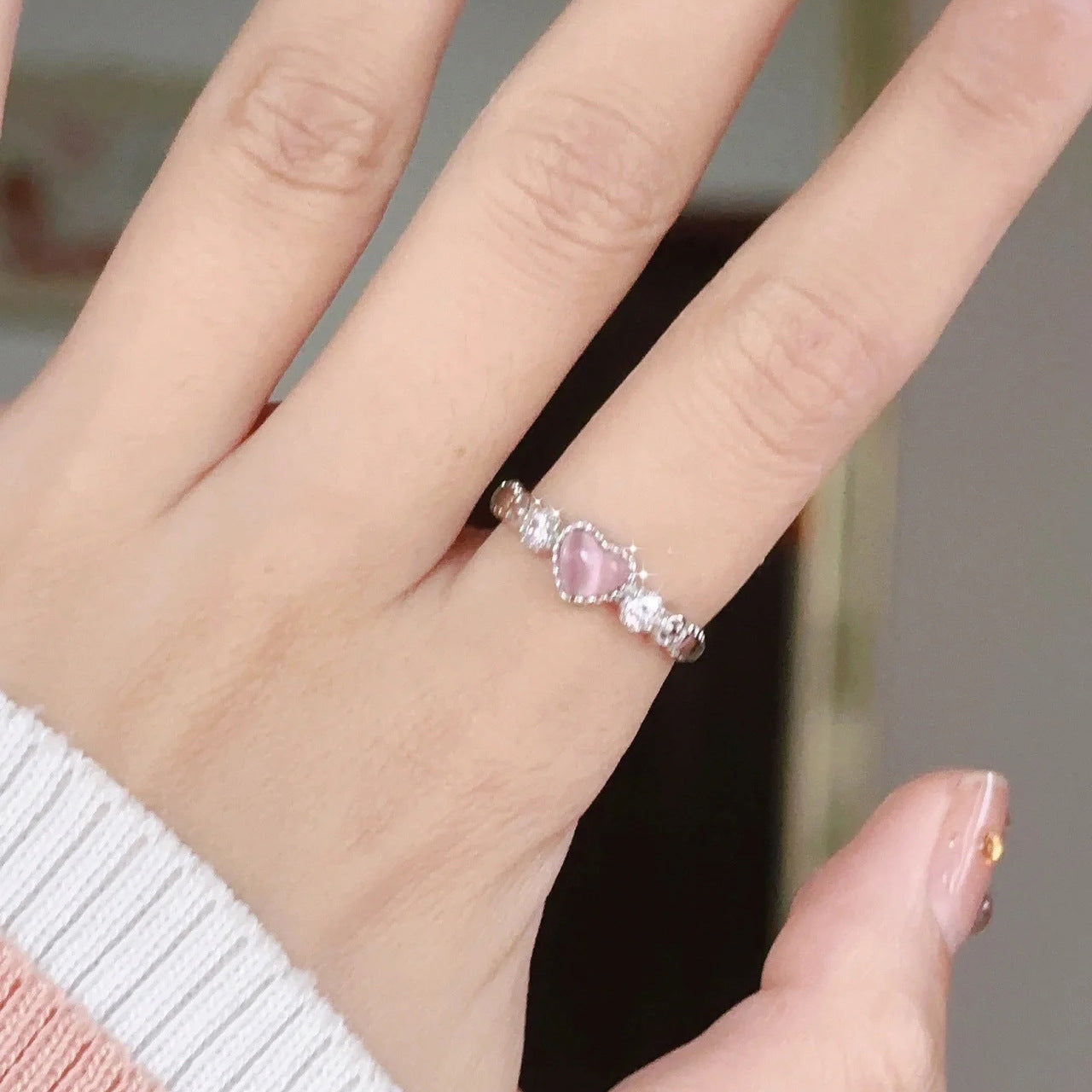 Opal Love Heart-shaped Female Design Sense Niche Sweet Cute Ring