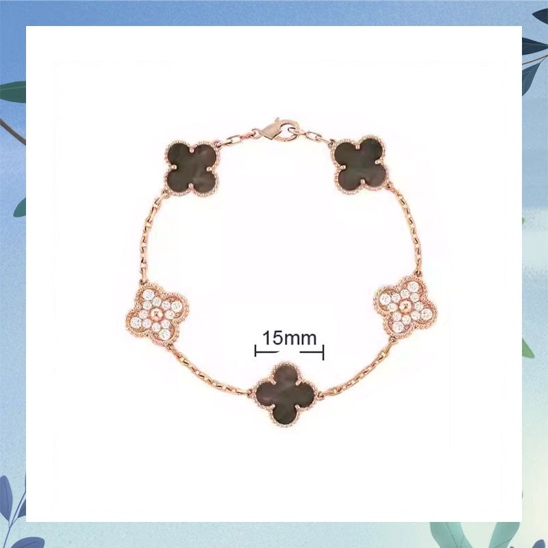 Women's Four-leaf Clover Rose Gold Red Agate Black White Shell Flower Bracelet