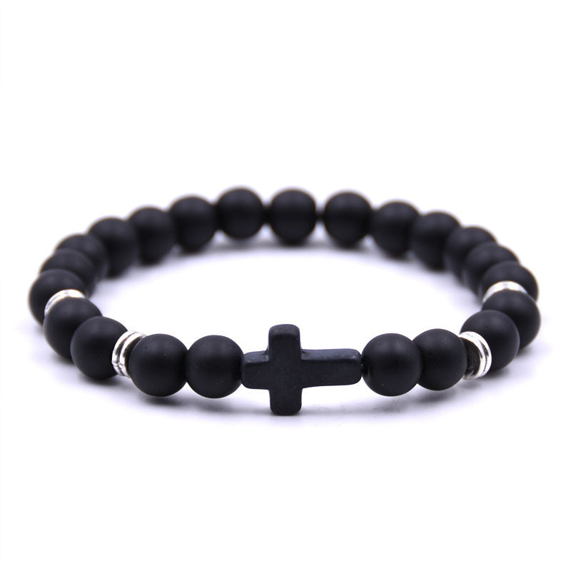 Energy Natural Stone White-barked Pine Blue Crystal Metal Cross Bracelets