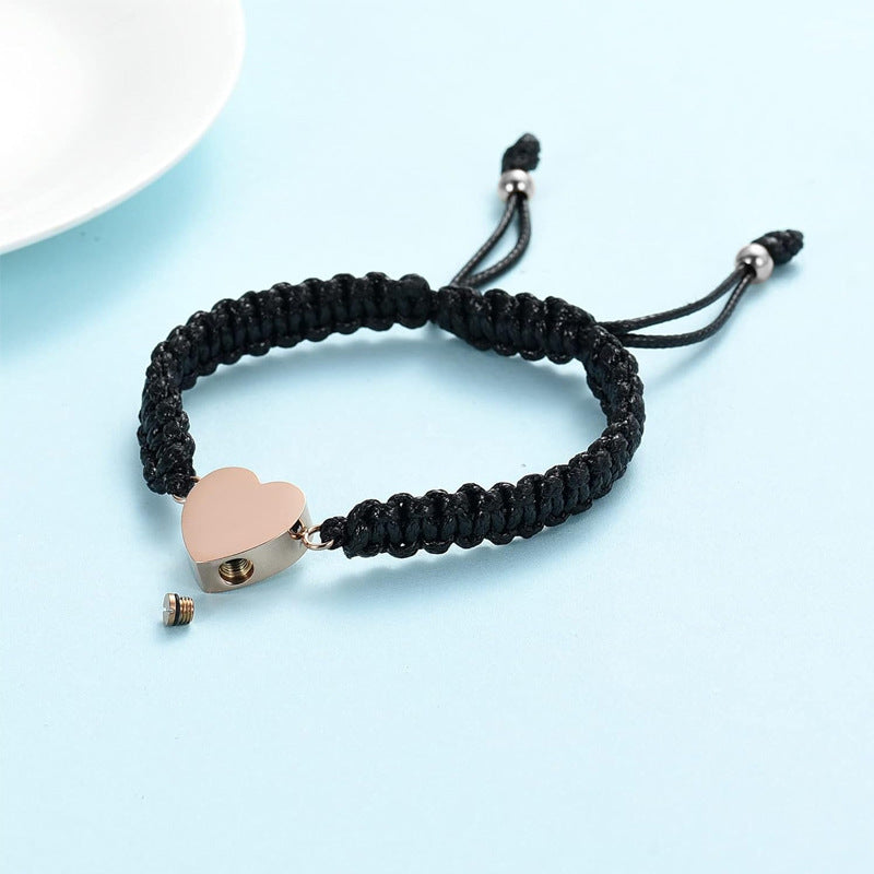 Heart-shaped Cinerary Casket Black Braided Rope Adjustable Stainless Steel Lettering Bracelet