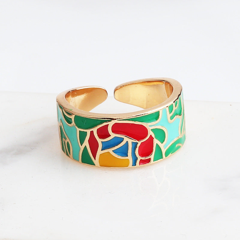 Women's Face Blue Leaf Slate Pattern Opening Adjustable Rings