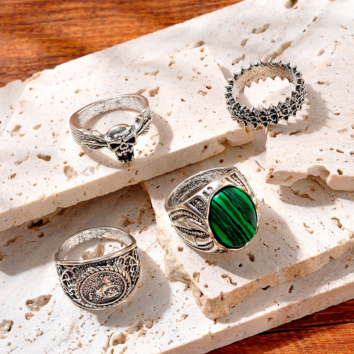 Malachite Horse Totem Flame Skull Personality Fashion Hip Hop Ring