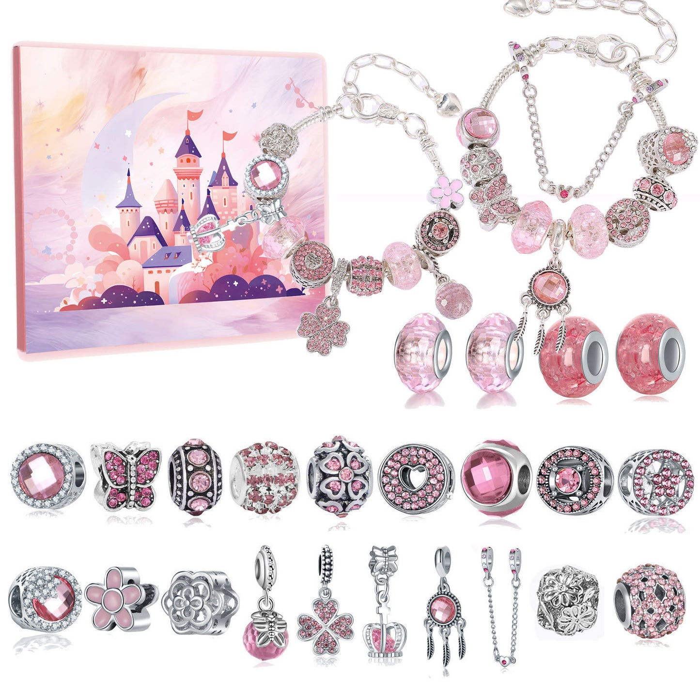 Pink Castle Bead String Jewelry Gift Countdown Calendar Bracelets