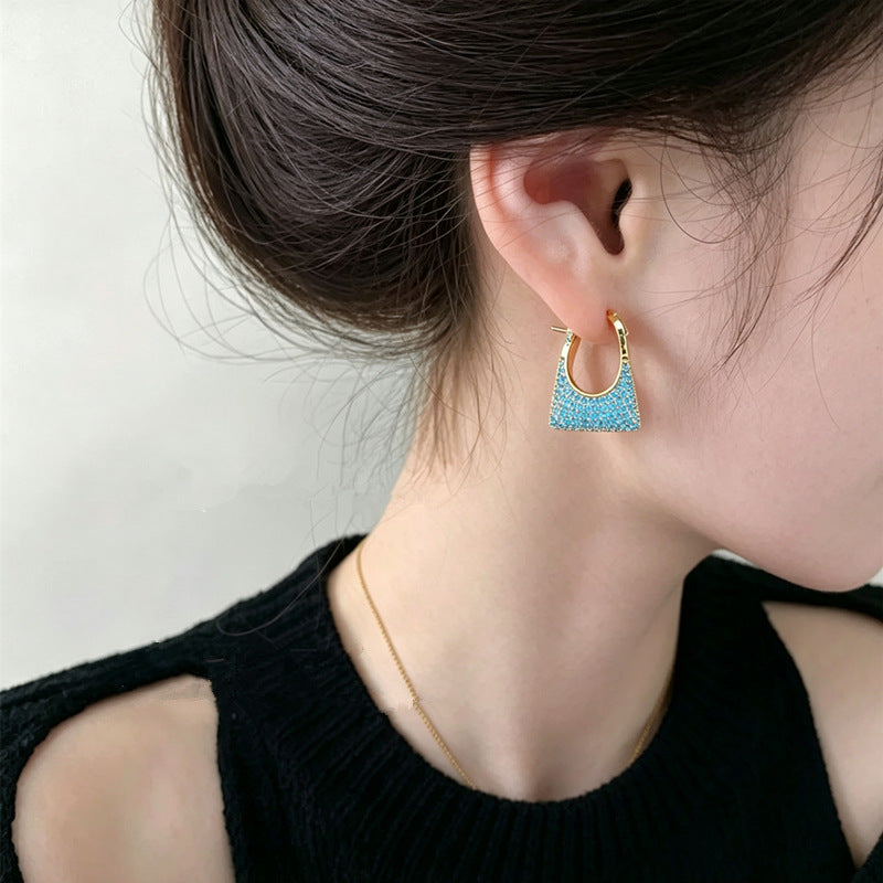 Women's French Retro Turquoise Full Diamond Bag Ear Clip Light Luxury Earrings