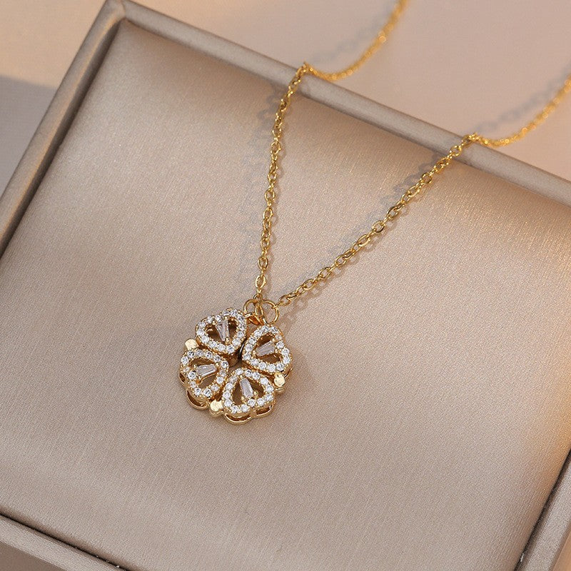 Women's Steel Cross Chain Open Close Four-leaf Flower Necklace