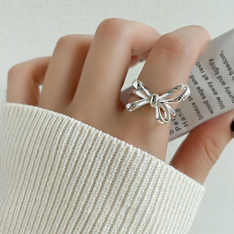 Women's Sier Simple Lines Bow Retro Fashion Rings