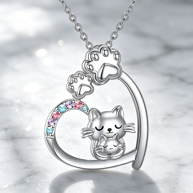 Kitty Cat's Paw Heart-shaped Colorful Crystals To Give Mom Mother's Necklace