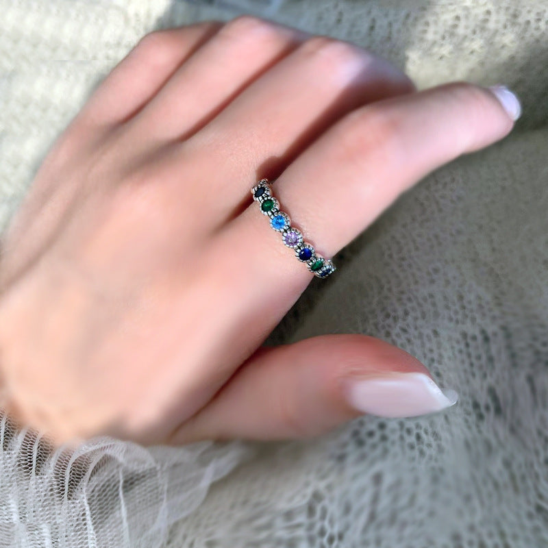 Round Color Zircon Personality Affordable Luxury Cold Style French Flower Ring