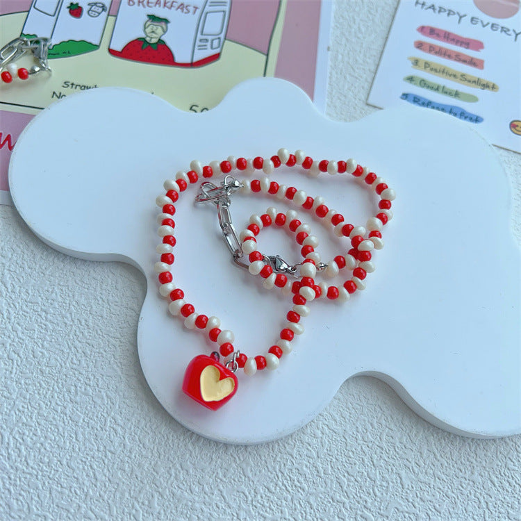 Women's Korean Style Little Apple Red White Beaded Bead Sweet Necklaces