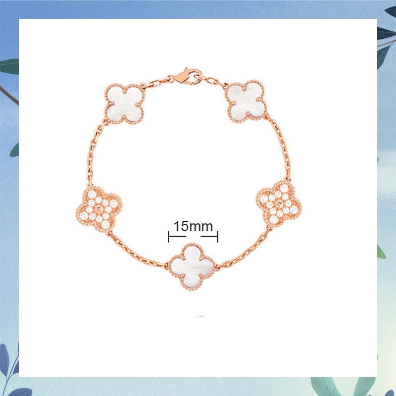 Women's Four-leaf Clover Rose Gold Red Agate Black White Shell Flower Bracelet