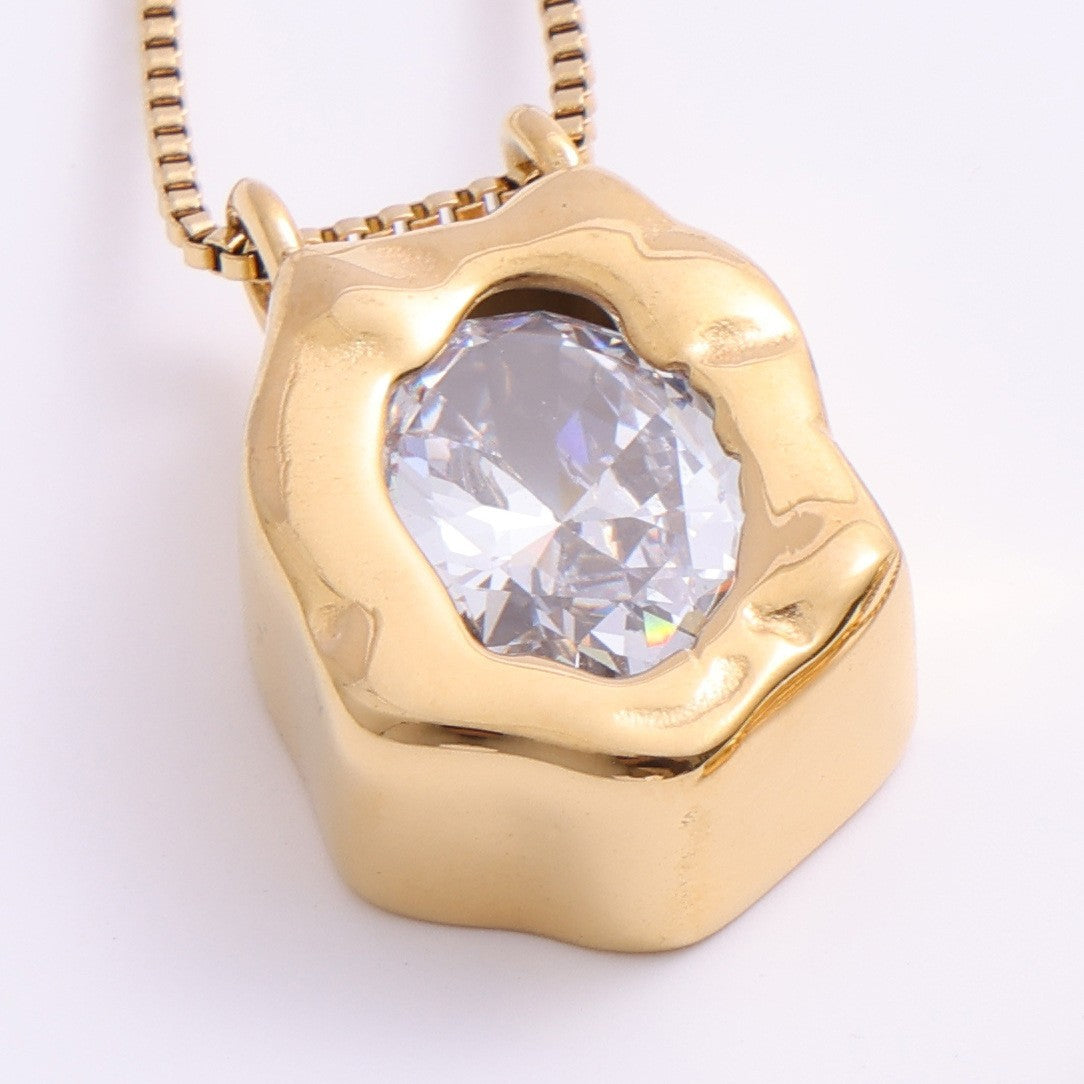 Shaped Gold Block Inlaid Zircon Titanium Steel Necklaces