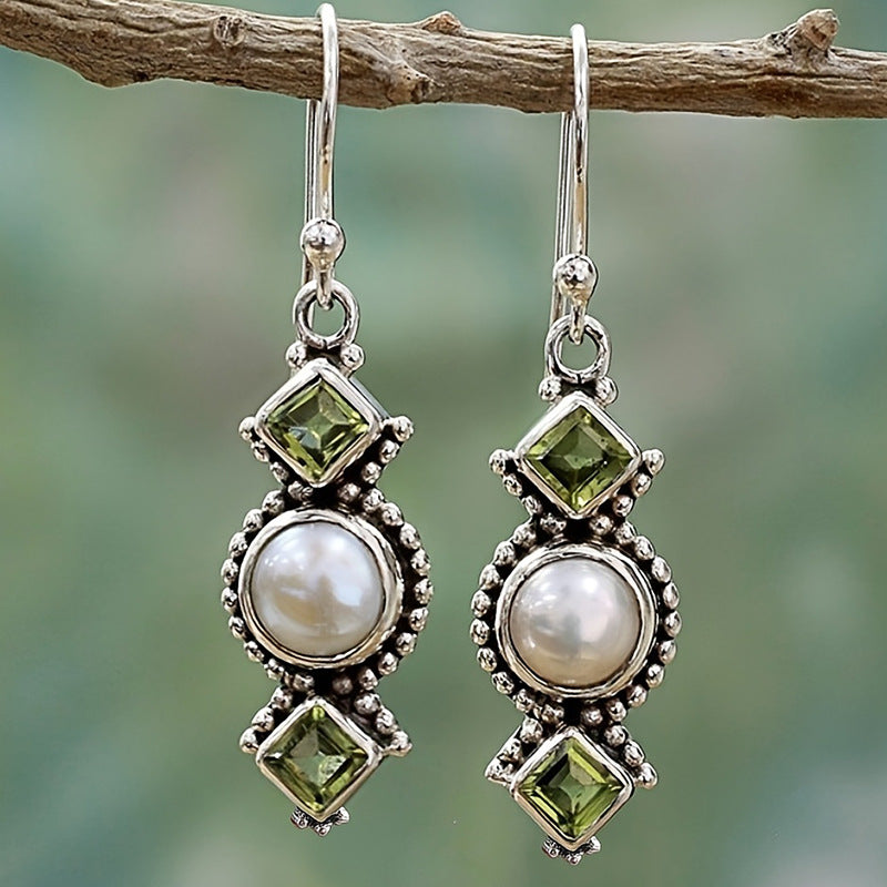 Women's Sier Pearl Plated Creative Square Diamond Olive Green Earrings