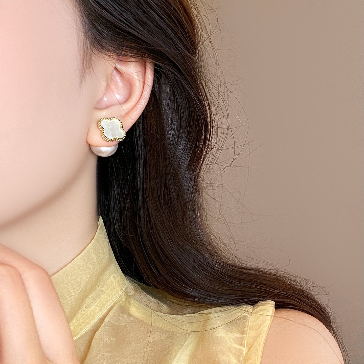 Indie Colorful Four-leaf Clover Pearl Double-sided Earrings