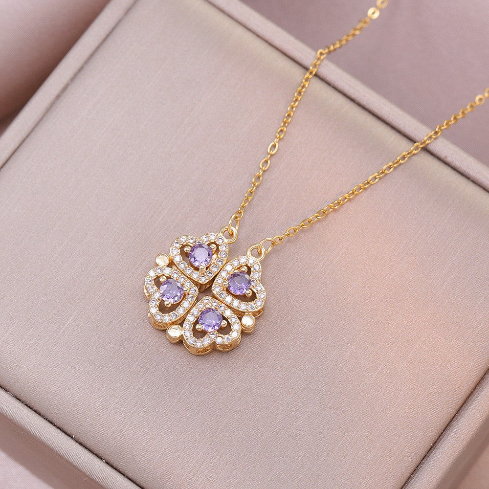 Women's Steel Cross Chain Open Close Four-leaf Flower Necklace